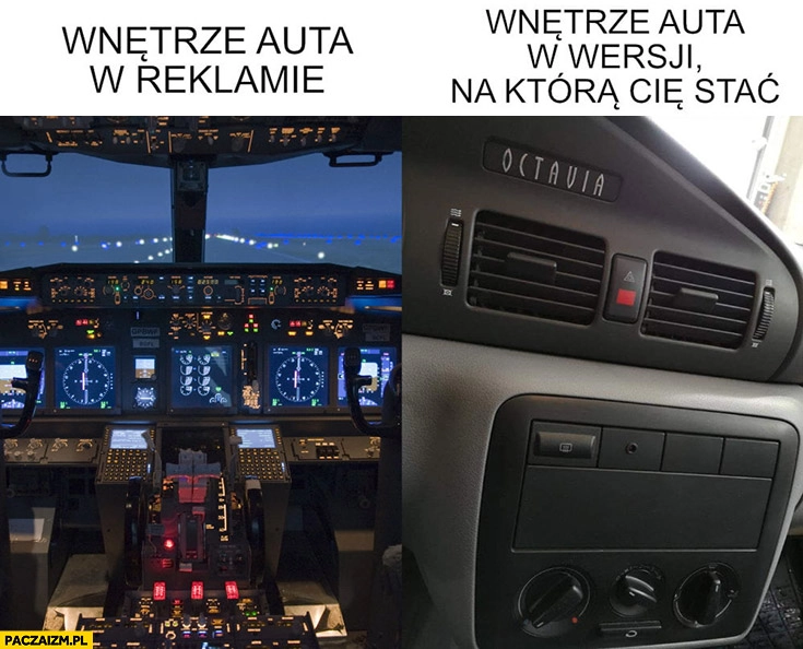 Wnętrze auta w reklamie kokpit samolotu vs wnętrze auta w wersji na którą Cię stać bieda