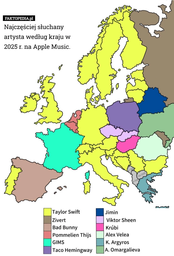 Najczęściej słuchany artysta według kraju w 2025 r. na Apple Music.