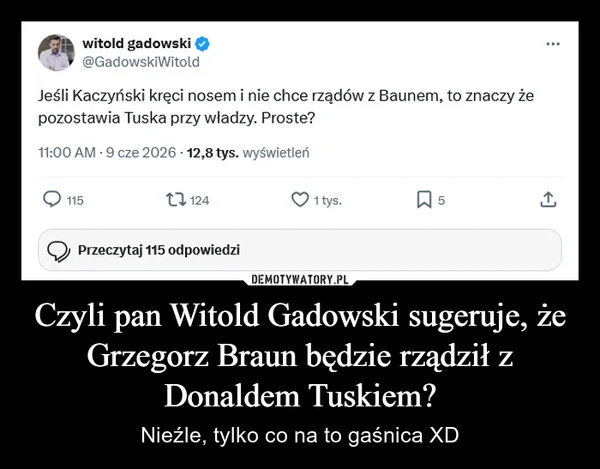 
    Czyli pan Witold Gadowski sugeruje, że Grzegorz Braun będzie rządził z Donaldem Tuskiem?