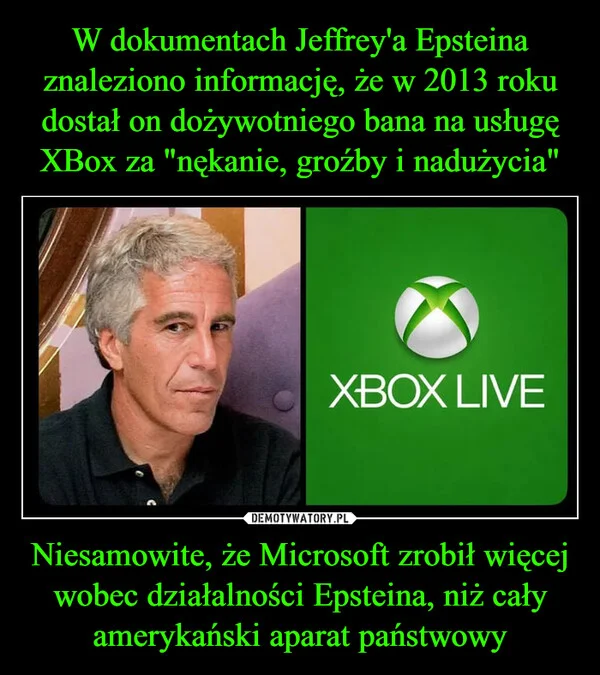 W dokumentach Jeffrey'a Epsteina znaleziono informację, że w 2013 roku dostał on dożywotniego bana na usługę XBox za 