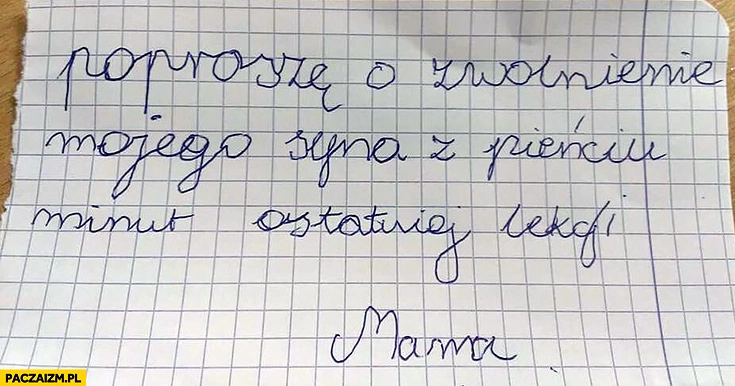 
    Poproszę o zwolnienie mojego syna z pięciu minut ostatniej lekcji mama kartka pisana przez dziecko