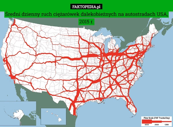 
    Średni dzienny ruch ciężarówek dalekobieżnych na autostradach USA, 2015