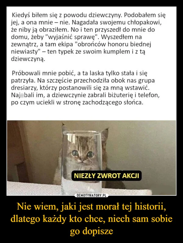 
    Nie wiem, jaki jest morał tej historii, dlatego każdy kto chce, niech sam sobie go dopisze