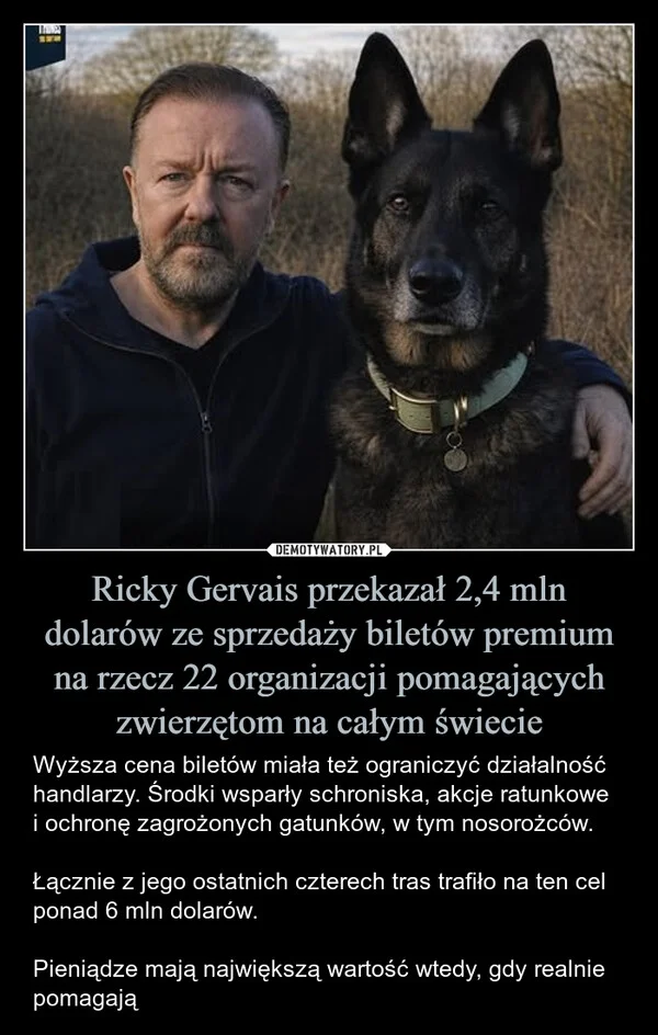 
    Ricky Gervais przekazał 2,4 mln dolarów ze sprzedaży biletów premium na rzecz 22 organizacji pomagających zwierzętom na całym świecie