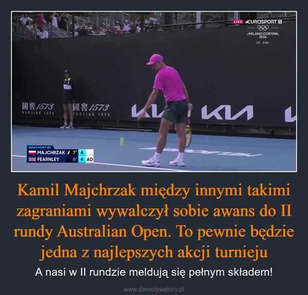 Kamil Majchrzak między innymi takimi zagraniami wywalczył sobie awans do II rundy Australian Open. To pewnie będzie jedna z najlepszych akcji turnieju