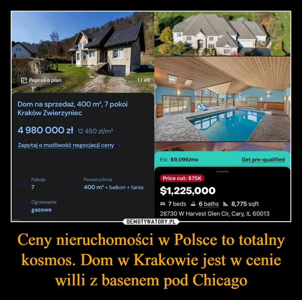 
    Ceny nieruchomości w Polsce to totalny kosmos. Dom w Krakowie jest w cenie willi z basenem pod Chicago