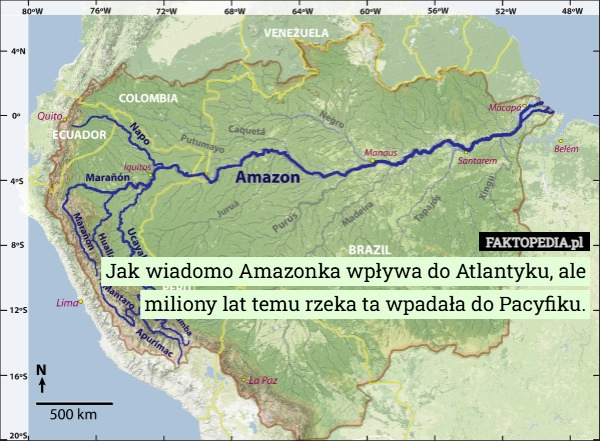 
    Jak wiadomo Amazonka wpływa do Atlantyku, ale miliony lat temu rzeka ta
