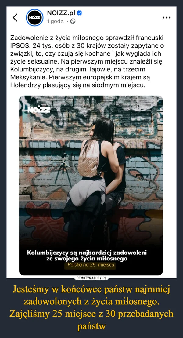 
    Jesteśmy w końcówce państw najmniej zadowolonych z życia miłosnego. Zajęliśmy 25 miejsce z 30 przebadanych państw