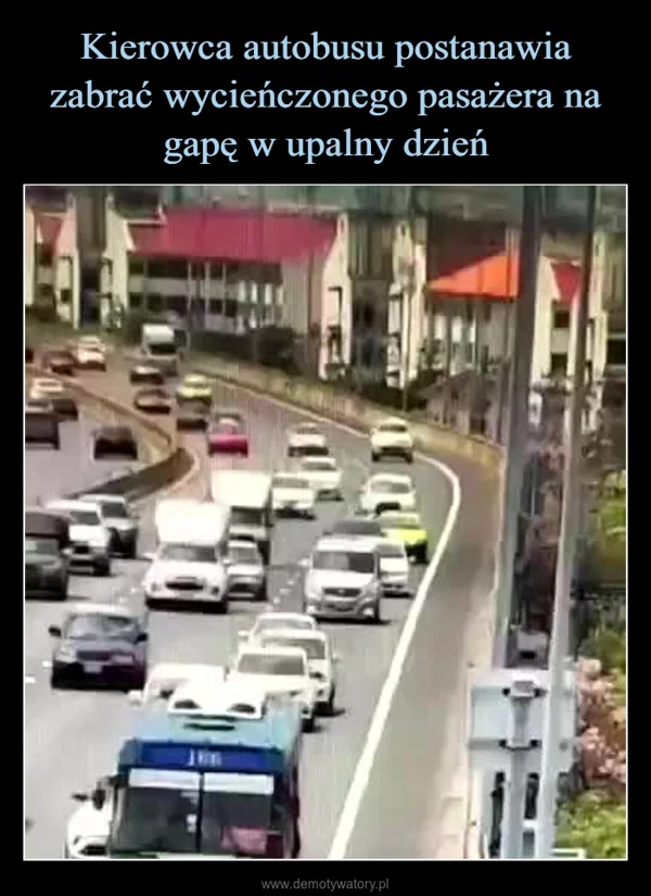 
    Kierowca autobusu postanawia zabrać wycieńczonego pasażera na gapę w upalny dzień