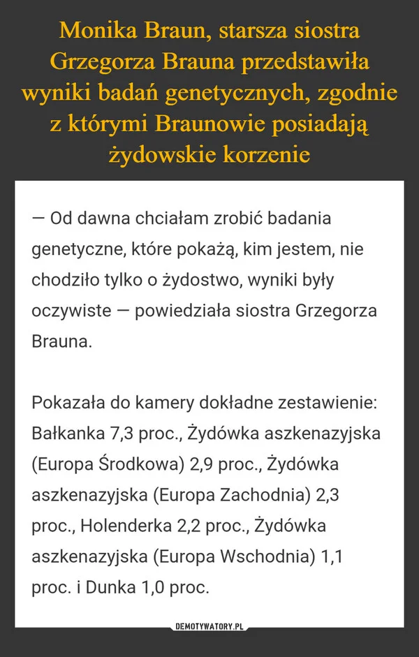 
    Monika Braun, starsza siostra Grzegorza Brauna przedstawiła wyniki badań genetycznych, zgodnie z którymi Braunowie posiadają żydowskie korzenie