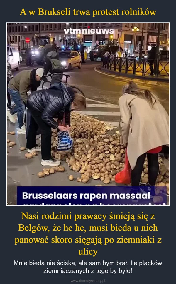 
    A w Brukseli trwa protest rolników Nasi rodzimi prawacy śmieją się z Belgów, że he he, musi bieda u nich panować skoro sięgają po ziemniaki z ulicy