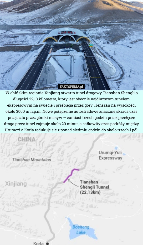 W chińskim regionie Xinjiang otwarto tunel drogowy Tianshan Shengli o długości