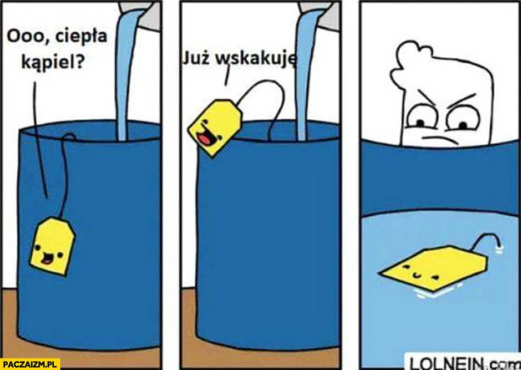 Herbata torebka o ciepła kąpiel zawieszka już wskakuje komiks