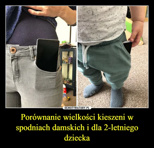 
    Porównanie wielkości kieszeni w spodniach damskich i dla 2-letniego dziecka