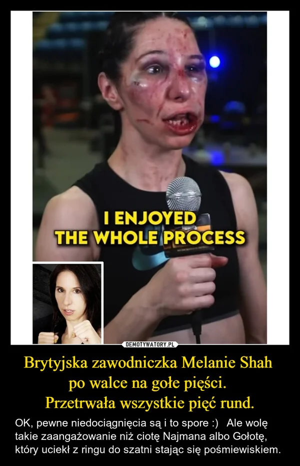 Brytyjska zawodniczka Melanie Shah po walce na gołe pięści. Przetrwała wszystkie pięć rund.