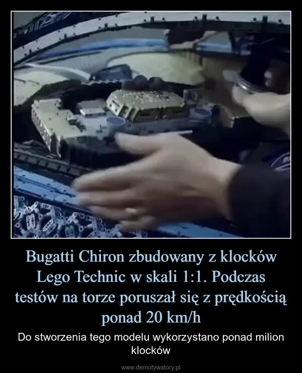 
    Bugatti Chiron zbudowany z klocków Lego Technic w skali 1:1. Podczas testów na torze poruszał się z prędkością ponad 20 km/h