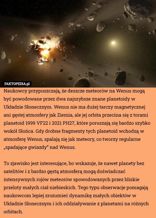 Naukowcy przypuszczają, że deszcze meteorów na Wenus mogą być powodowane