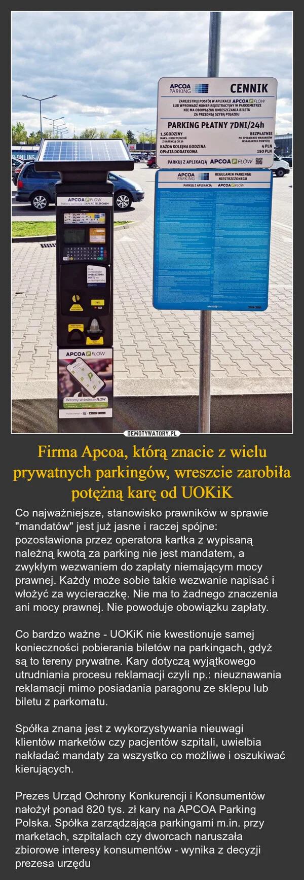 Firma Apcoa, którą znacie z wielu prywatnych parkingów, wreszcie zarobiła potężną karę od UOKiK