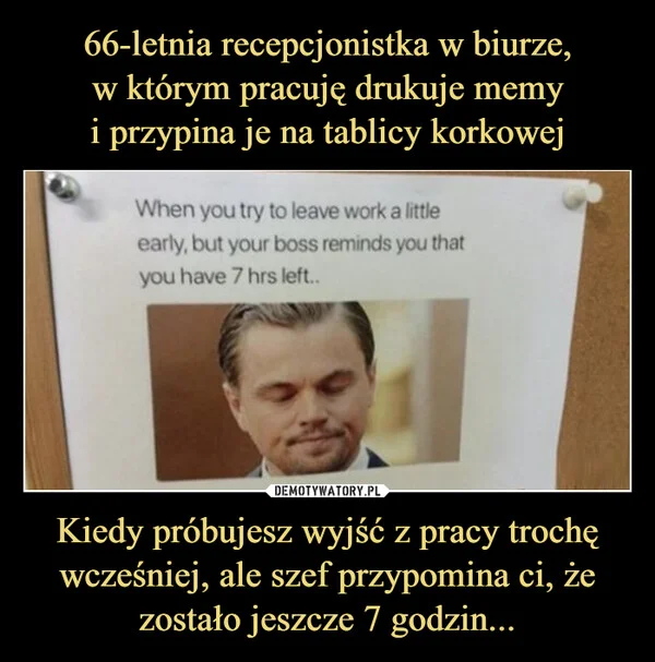 
    66-letnia recepcjonistka w biurze, w którym pracuję drukuje memy i przypina je na tablicy korkowej Kiedy próbujesz wyjść z pracy trochę wcześniej, ale szef przypomina ci, że zostało jeszcze 7 godzin...