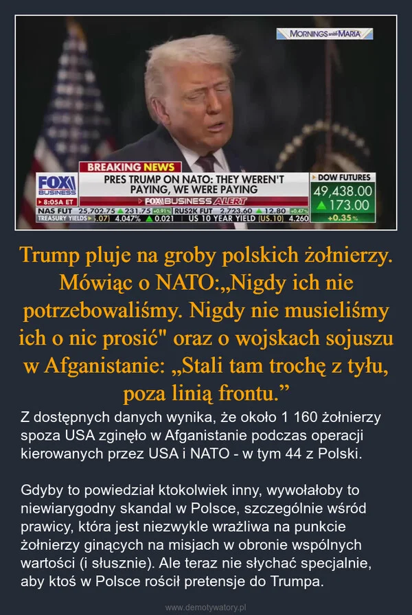 
    Trump pluje na groby polskich żołnierzy. Mówiąc o NATO:„Nigdy ich nie potrzebowaliśmy. Nigdy nie musieliśmy ich o nic prosić