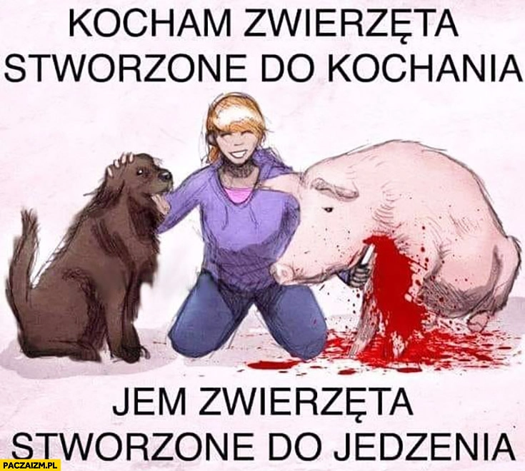 
    Kocham zwierzęta stworzone do kochania, jem zwierzęta stworzone do jedzenia