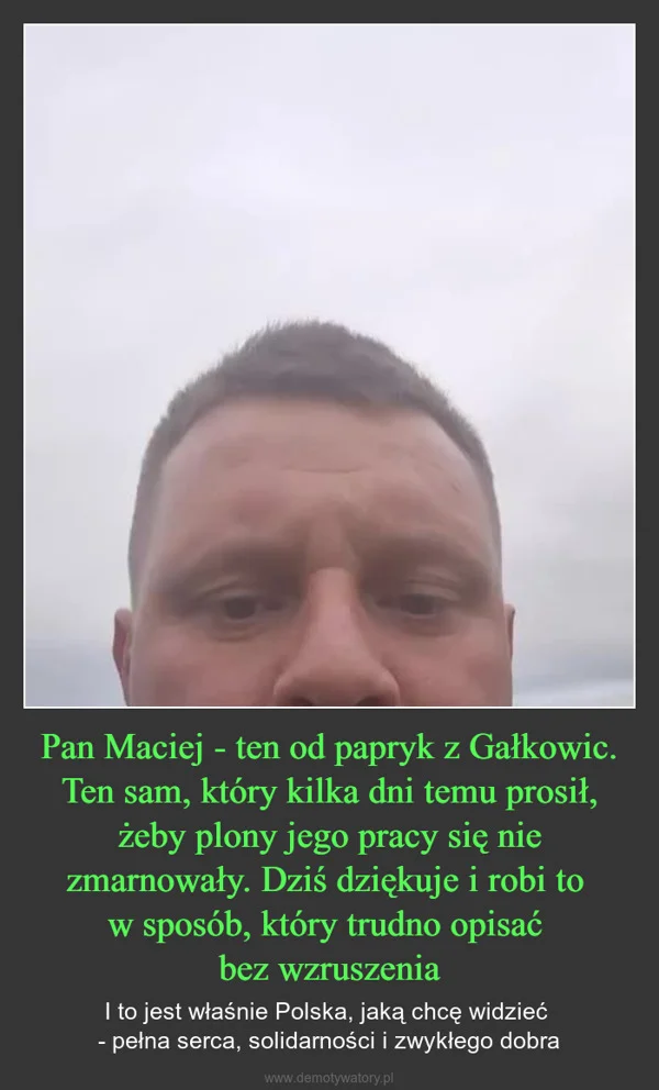 
    Pan Maciej - ten od papryk z Gałkowic. Ten sam, który kilka dni temu prosił, żeby plony jego pracy się nie zmarnowały. Dziś dziękuje i robi to w sposób, który trudno opisać bez wzruszenia
