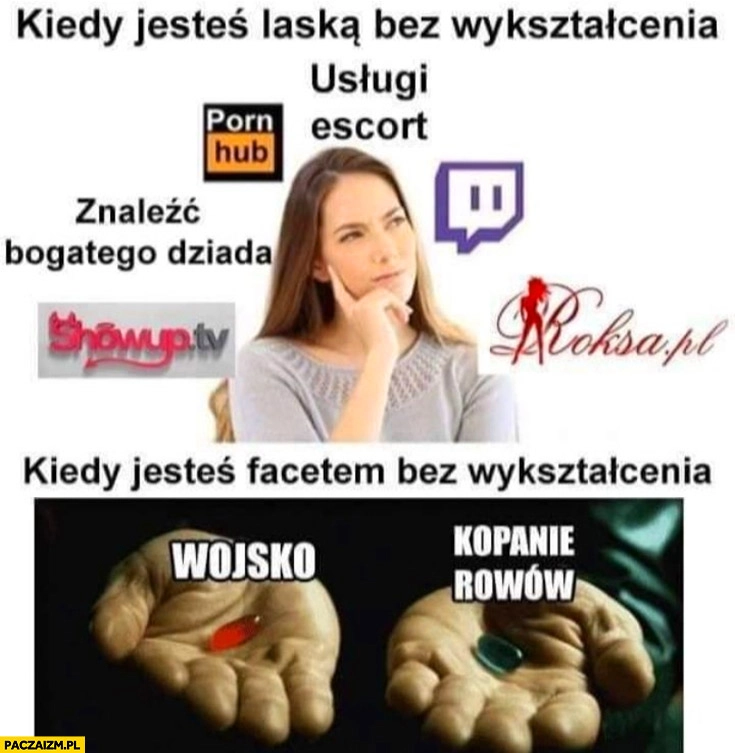 
    Kiedy jesteś laską bez wykształcenia vs kiedy jesteś facetem bez wykształcenia: wojsko, kopanie rowów