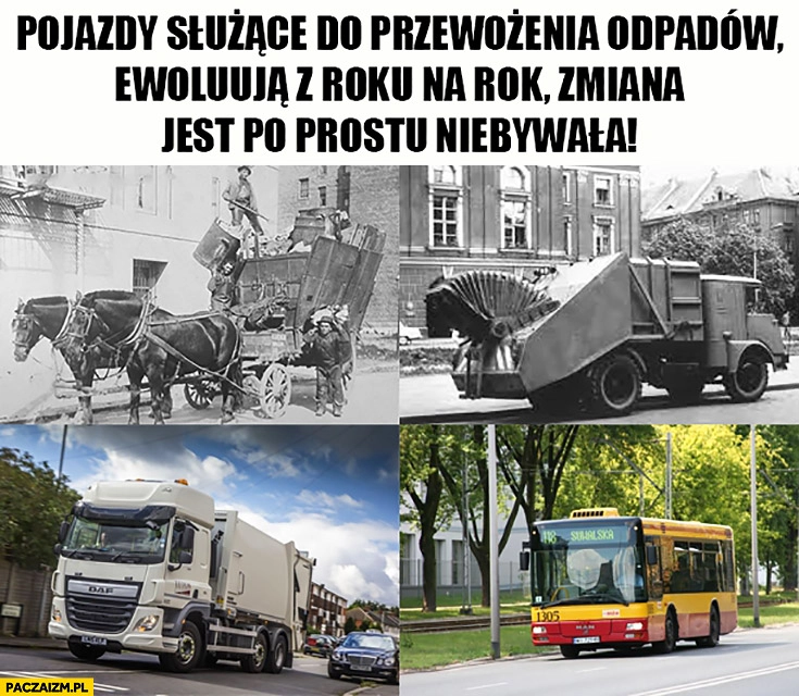 
    Pojazdy służące do przewożenia odpadów ewoluują z roku na rok, zmiana jest niebywała autobus miejski