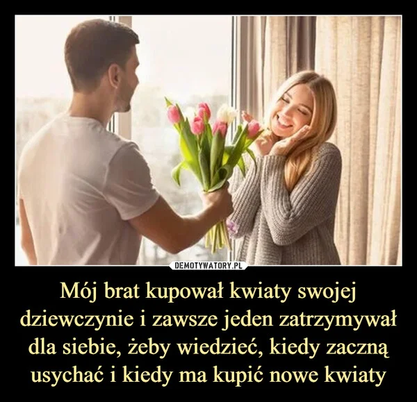 
    Mój brat kupował kwiaty swojej dziewczynie i zawsze jeden zatrzymywał dla siebie, żeby wiedzieć, kiedy zaczną usychać i kiedy ma kupić nowe kwiaty