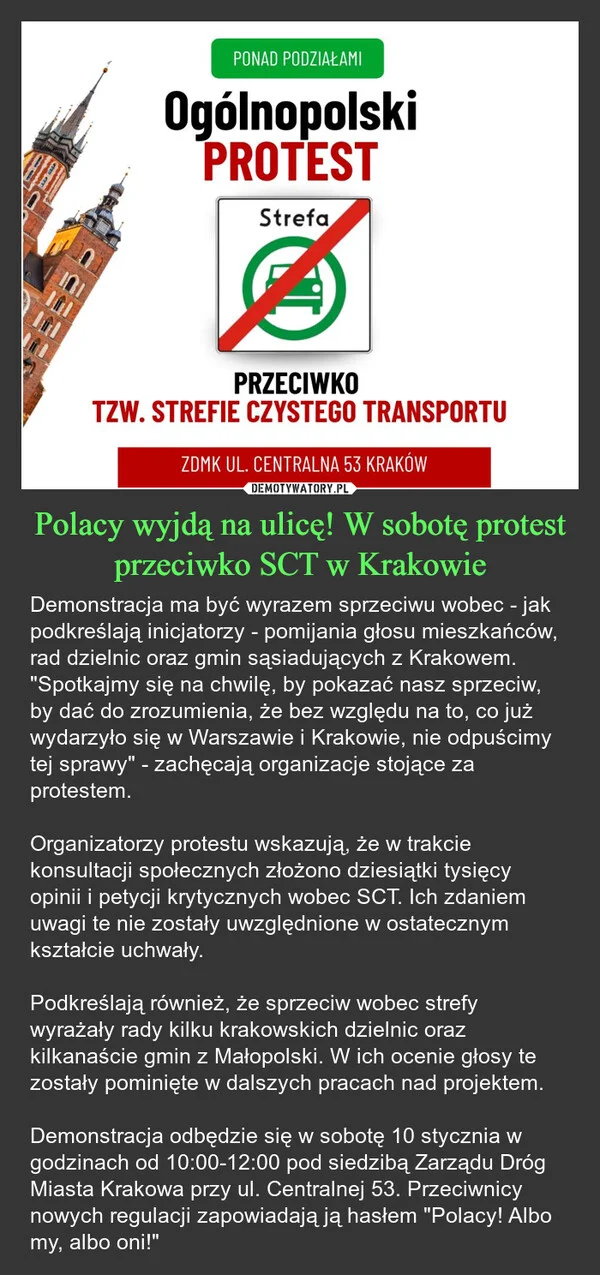 Polacy wyjdą na ulicę! W sobotę protest przeciwko SCT w Krakowie