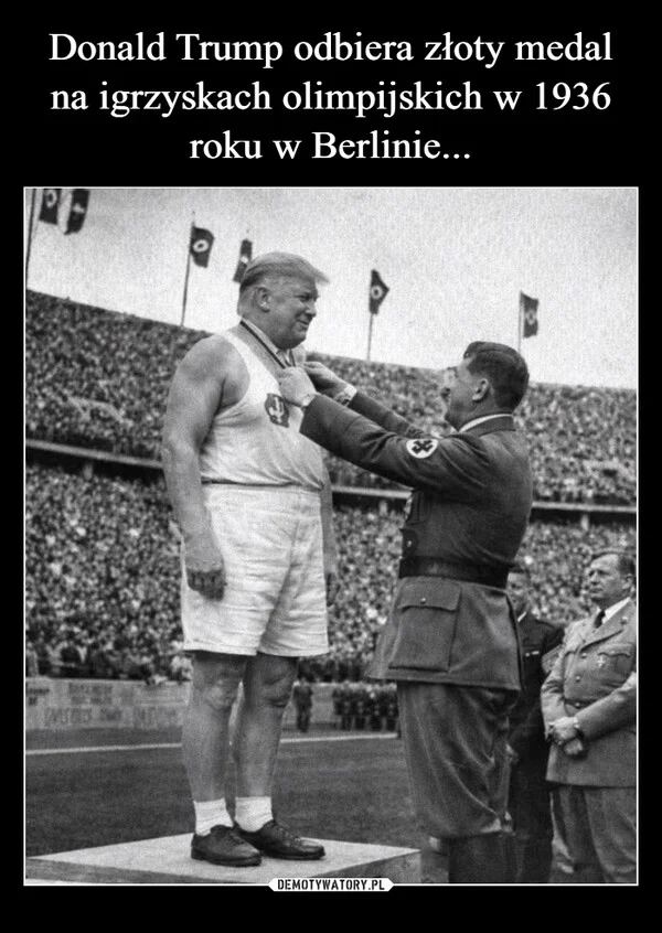 Donald Trump odbiera złoty medal na igrzyskach olimpijskich w 1936 roku w Berlinie...