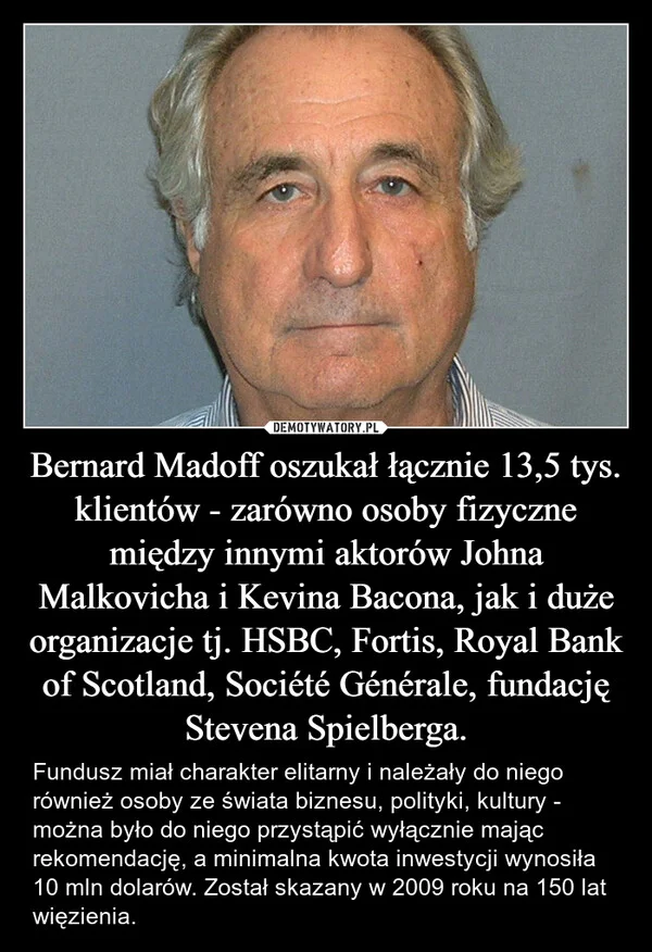 
    Bernard Madoff oszukał łącznie 13,5 tys. klientów - zarówno osoby fizyczne między innymi aktorów Johna Malkovicha i Kevina Bacona, jak i duże organizacje tj. HSBC, Fortis, Royal Bank of Scotland, Société Générale, fundację Stevena Spielberga.