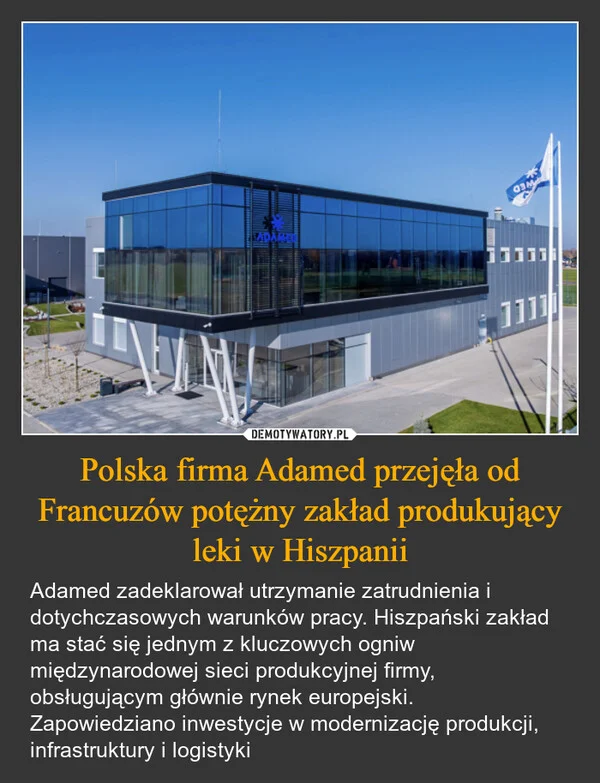 Polska firma Adamed przejęła od Francuzów potężny zakład produkujący leki w Hiszpanii