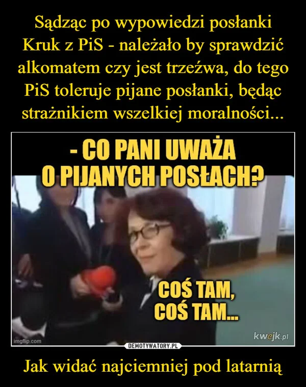
    Sądząc po wypowiedzi posłanki Kruk z PiS - należało by sprawdzić alkomatem czy jest trzeźwa, do tego PiS toleruje pijane posłanki, będąc strażnikiem wszelkiej moralności... Jak widać najciemniej pod latarnią