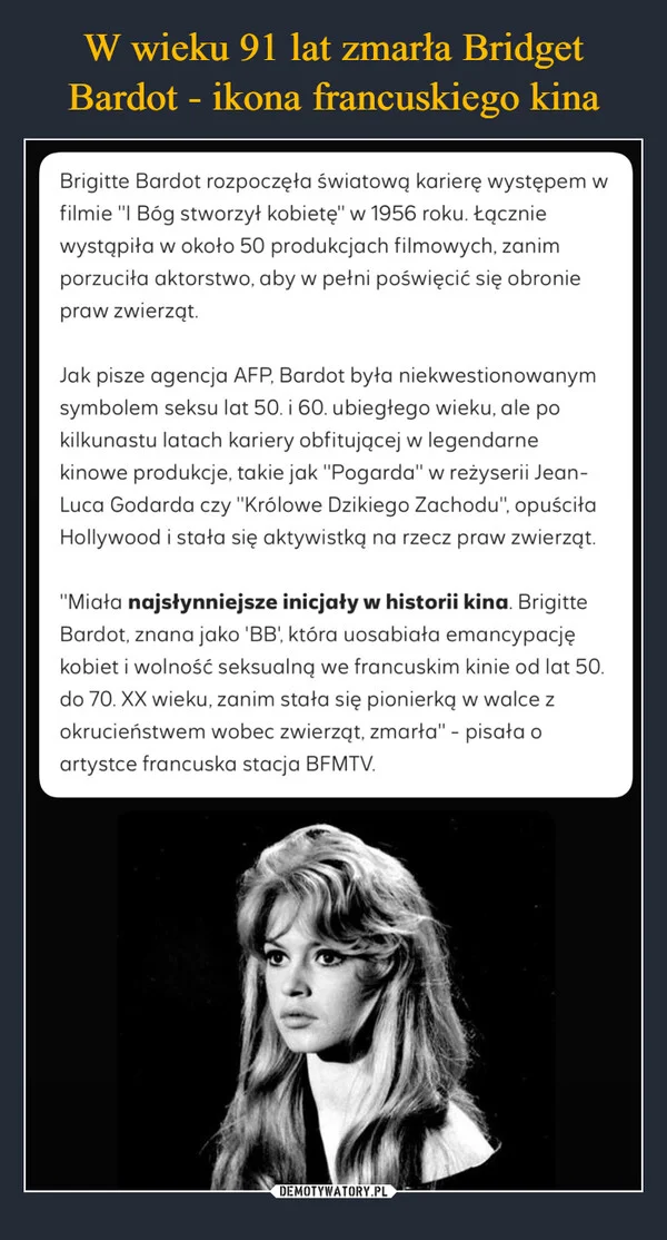W wieku 91 lat zmarła Bridget Bardot - ikona francuskiego kina