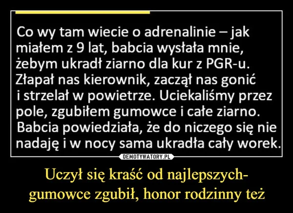 
    Uczył się kraść od najlepszych- gumowce zgubił, honor rodzinny też