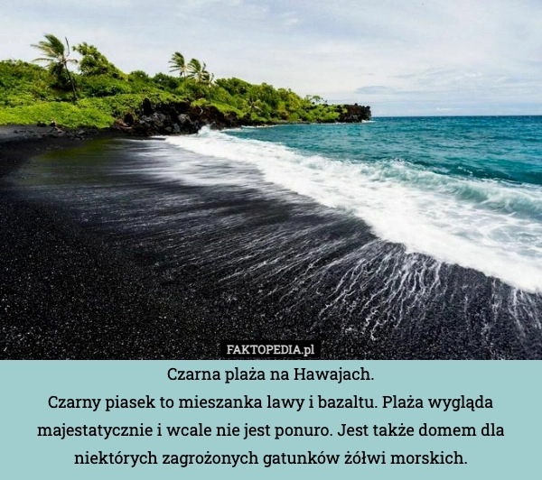 Czarna plaża na Hawajach.
Czarny piasek to mieszanka lawy i bazaltu. Plaża