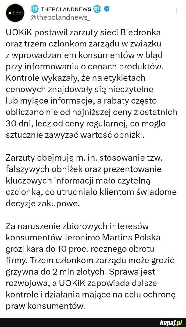 UOKiK postawił zarzuty sieci Biedronka