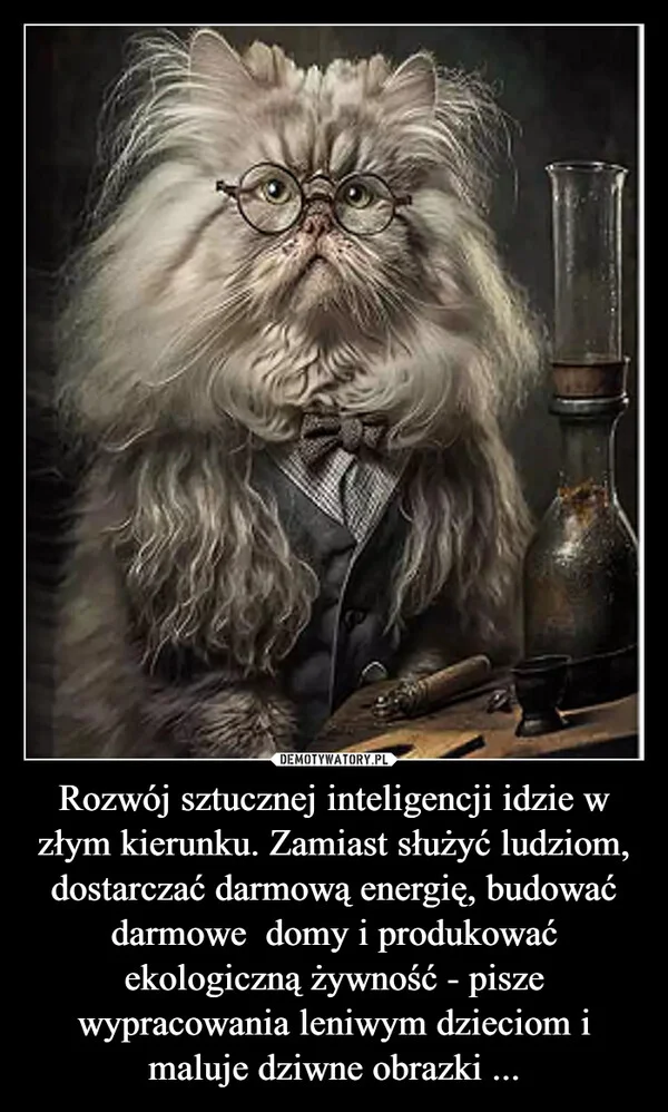 
    Rozwój sztucznej inteligencji idzie w złym kierunku. Zamiast służyć ludziom, dostarczać darmową energię, budować darmowe domy i produkować ekologiczną żywność - pisze wypracowania leniwym dzieciom i maluje dziwne obrazki ...