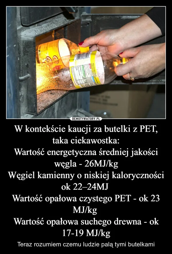 
    W kontekście kaucji za butelki z PET, taka ciekawostka: Wartość energetyczna średniej jakości węgla - 26MJ/kg Węgiel kamienny o niskiej kaloryczności ok 22–24MJ Wartość opałowa czystego PET - ok 23 MJ/kg Wartość opałowa suchego drewna - ok 17-19 MJ/kg