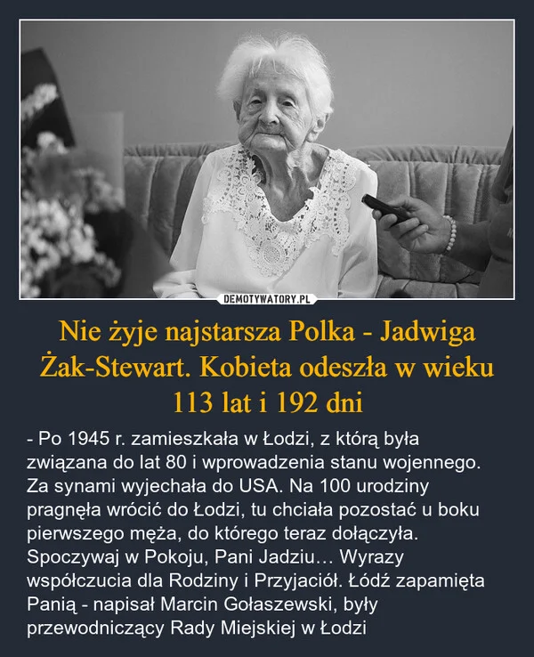 Nie żyje najstarsza Polka - Jadwiga Żak-Stewart. Kobieta odeszła w wieku 113 lat i 192 dni