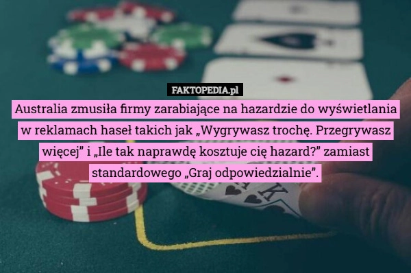 
    Australia zmusiła firmy zarabiające na hazardzie do wyświetlania w reklamach