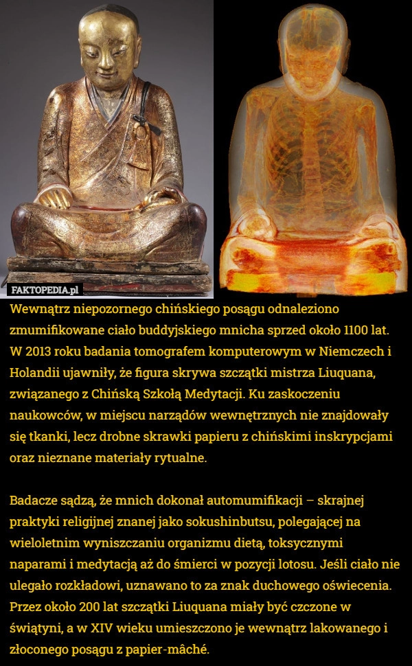 Wewnątrz niepozornego chińskiego posągu odnaleziono zmumifikowane ciało