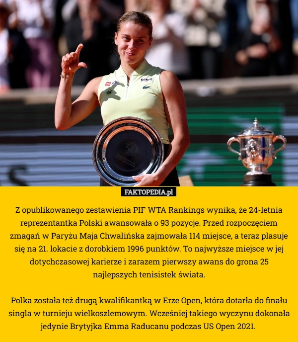 Z opublikowanego zestawienia PIF WTA Rankings wynika, że 24-letnia reprezentantka