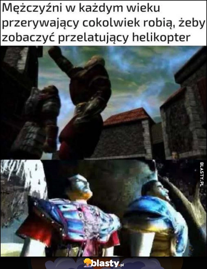 Mężczyźni w każdym wieku przerywający cokolwiek robią, żeby zobaczyć przelatujący helikopter