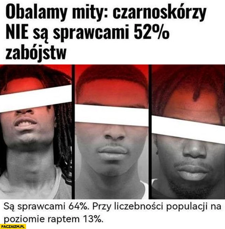 
    Obalamy mity czarnoskórzy nie są sprawcami 52% procent zabójstw, są sprawcami 64% procent przy liczebności populacji 13% procent