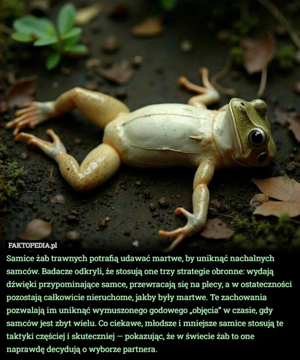 
    Samice żab trawnych potrafią udawać martwe, by uniknąć nachalnych samców.