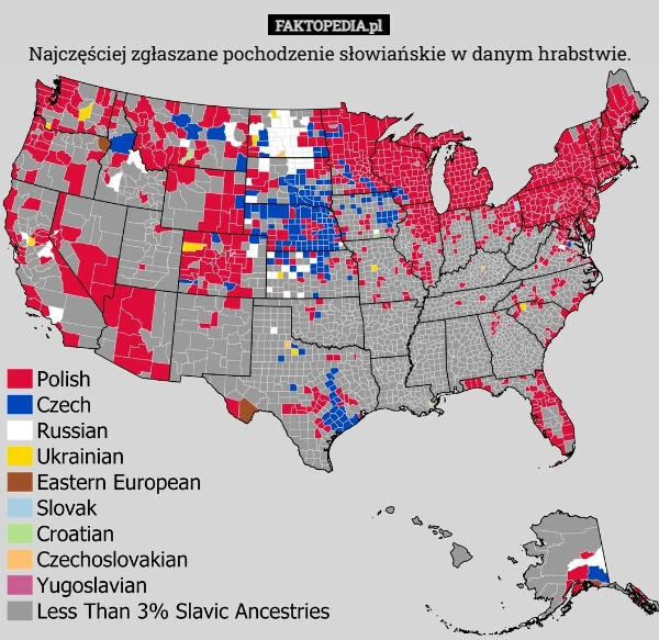 
    Najczęściej zgłaszane pochodzenie słowiańskie w danym hrabstwie.