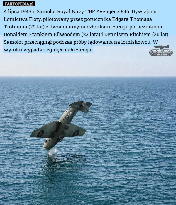 4 lipca 1943 r. Samolot Royal Navy TBF Avenger z 846. Dywizjonu Lotnictwa