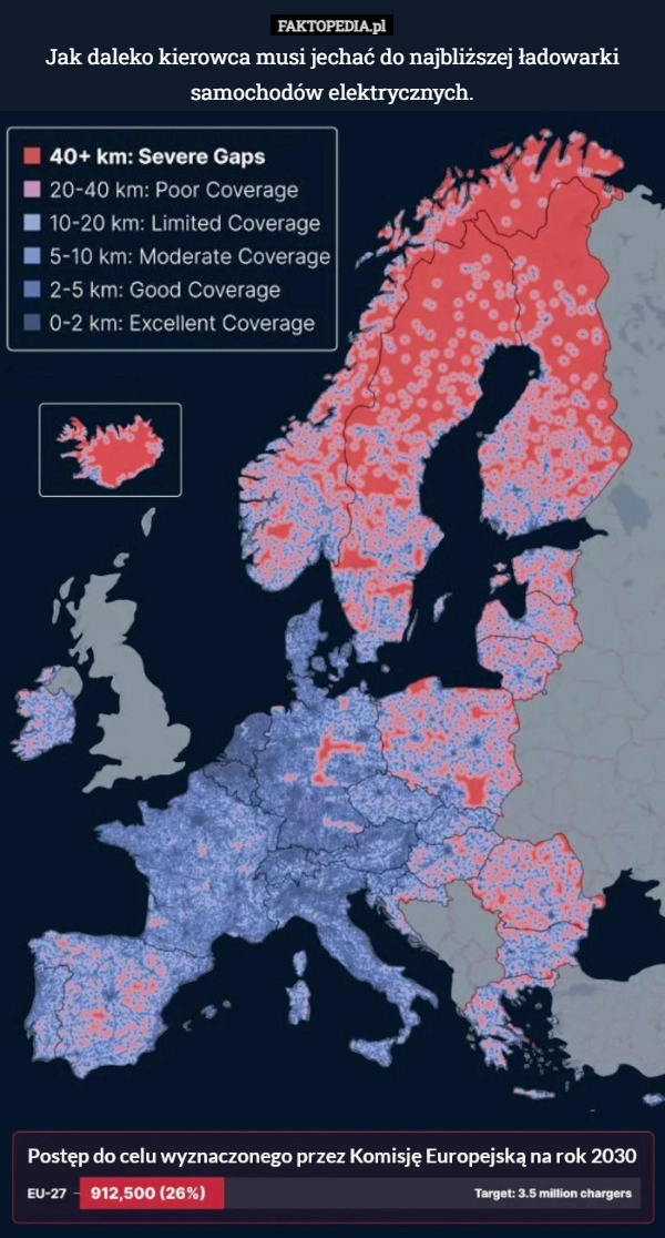 Jak daleko kierowca musi jechać do najbliższej ładowarki samochodów elektrycznych.
